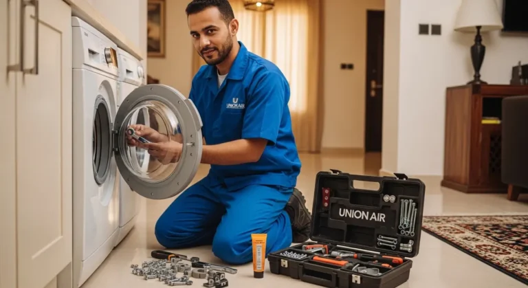 فني غسالات يونيون اير معتمد يقوم بإصلاح باب الغسالة في المنزل