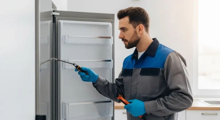 فني صيانة محترف يقوم بإصلاح ثلاجة منزلية - رقم خدمة عملاء يونيون اير 16062