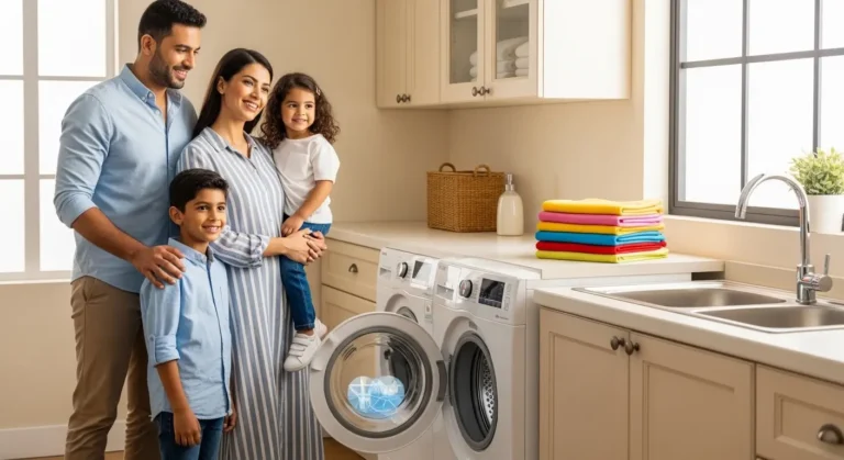 عائلة مصرية سعيدة بغسالة يونيون اير بعد إصلاح صوتها العالي بضمان معتمد