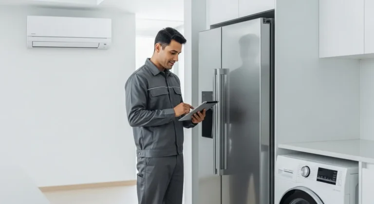 مهندس صيانة معتمد يفحص مجموعة من الأجهزة المنزلية تشمل ثلاجة وغسالة وتكييف يونيون اير صيانة يونيون اير في القاهرة.