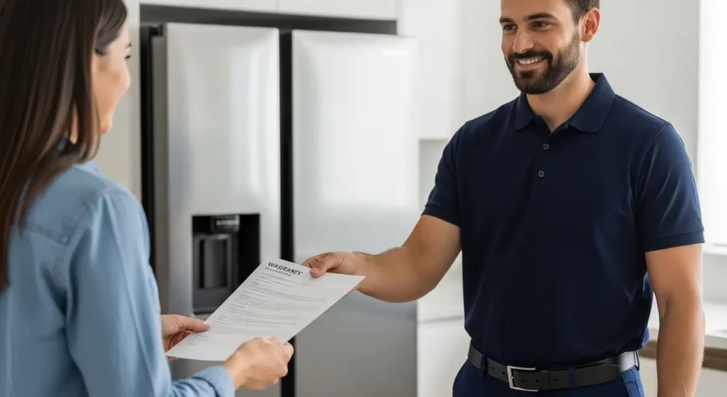 فني صيانة يونيون اير يسلم شهادة الضمان والتقرير الفني للعميل بعد إصلاح الجهاز في الجيزة.