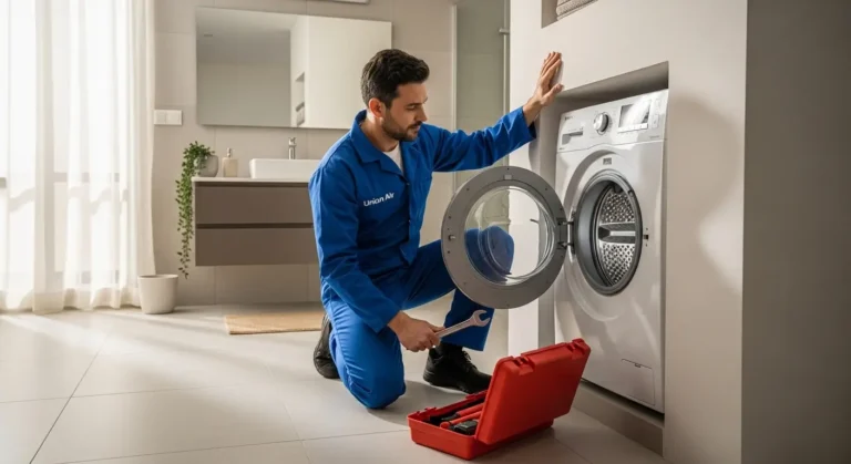 فني صيانة غسالات يونيون اير يقوم بإصلاح اهتزاز الغسالة في المنزل