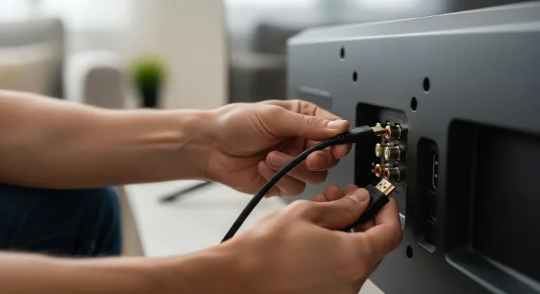 صورة قريبة ليد تقوم بفحص كابل HDMI في الجزء الخلفي من الشاشة، تعبر عن خطوات التأكد من سلامة التوصيلات المنزلية لحل مشكلة أعطال الصور والخطوط.