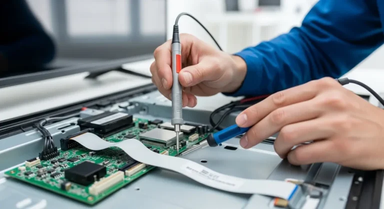فني صيانة يستخدم أدوات فحص دقيقة للمكونات الداخلية واللوحة الإلكترونية لشاشة LED لتحديد العطل وتقدير تكلفة الإصلاح بدقة.