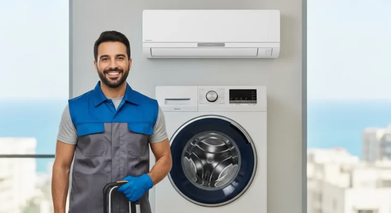 فني صيانة يونيون اير في الإسكندرية يقوم بإصلاح التكييفات والغسالات المنزلية بقطع غيار أصلية.