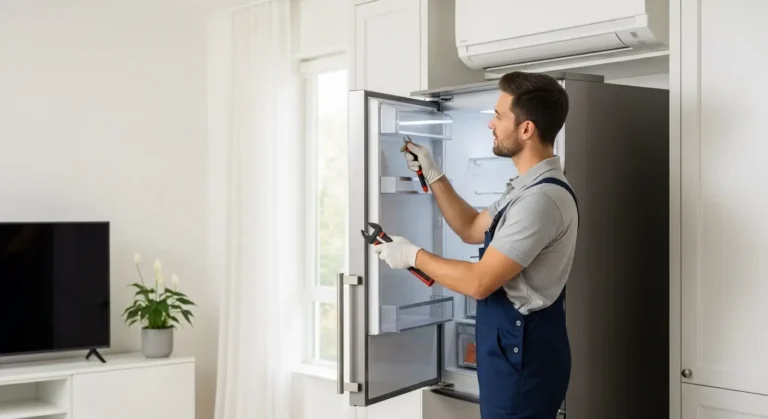 فني محترف يقوم بصيانة أجهزة منزلية تابعة لمركز صيانة يونيون اير في محافظة الجيزة لضمان كفاءة التشغيل.