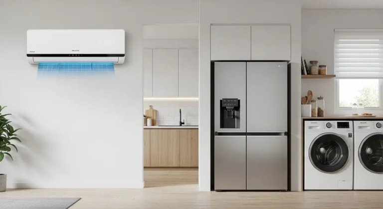 عرض للأجهزة المنزلية التي يشملها مركز صيانة يونيون اير في الجيزة بما في ذلك التكييفات والثلاجات والغسالات.